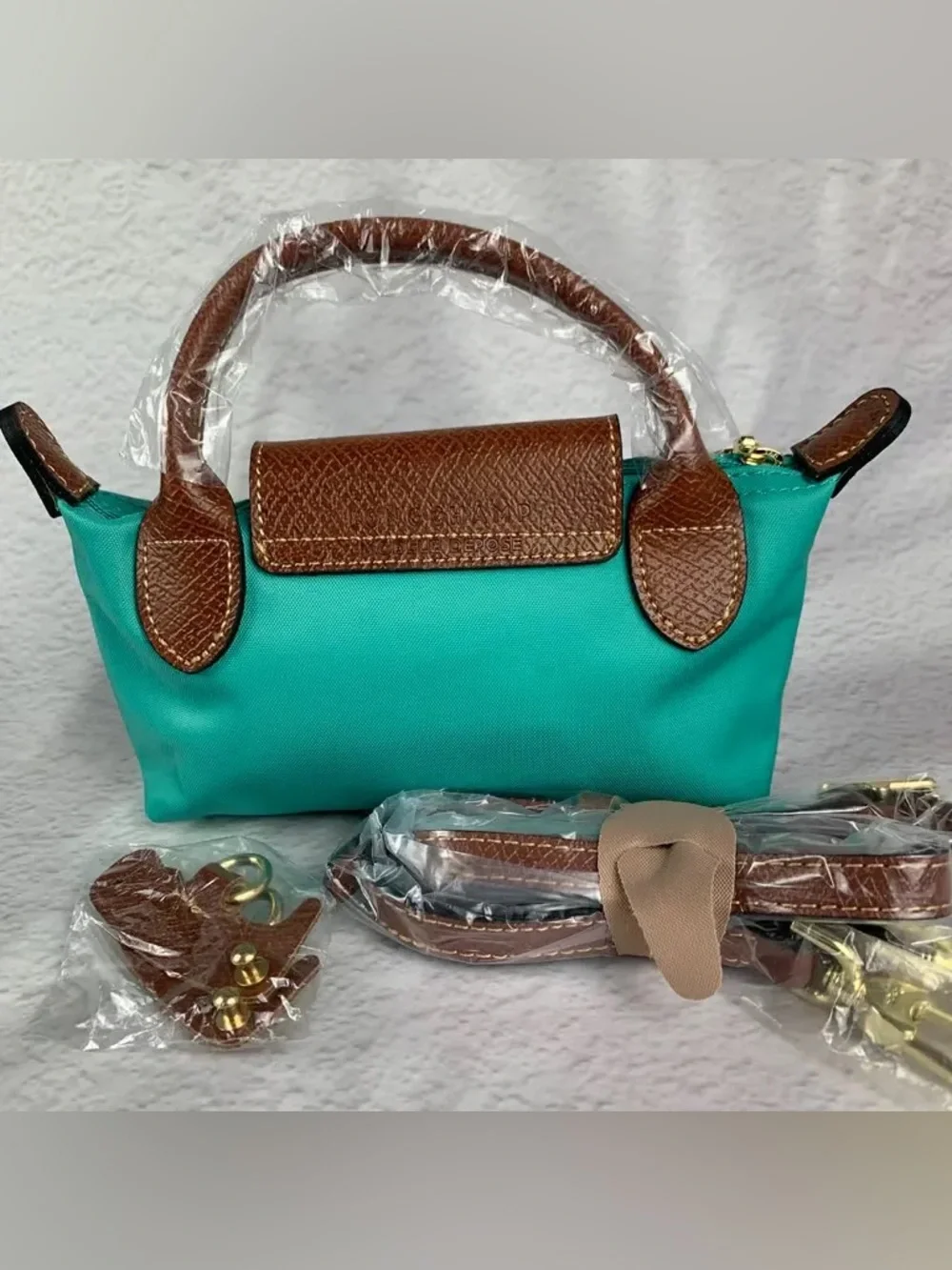 Longchamp Small Top-Handle Mini Bag in Teal with Brown Trim - Picture 2 of 5